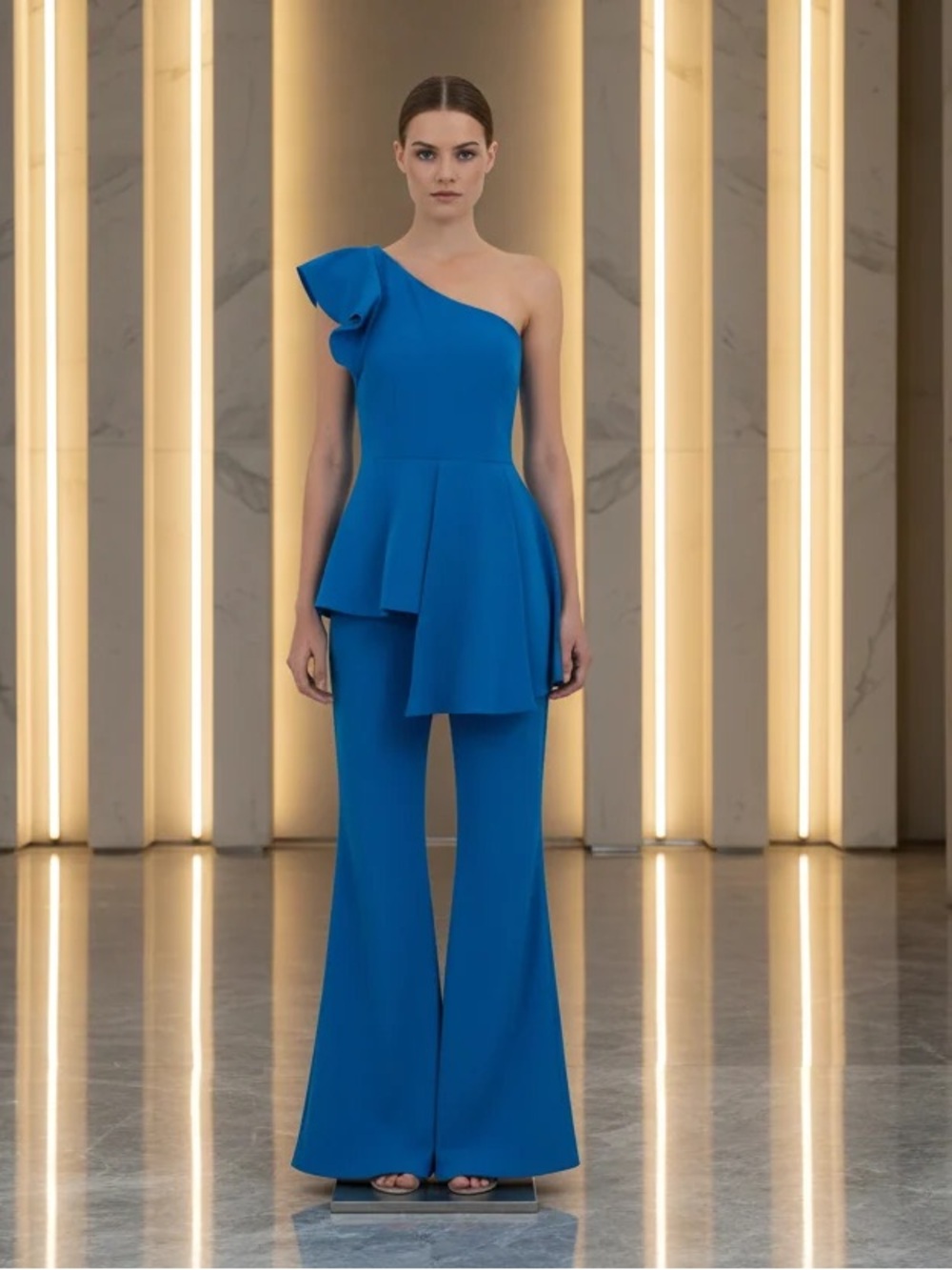 Jovani One-Shoulder Blue Peplum Jumpsuit